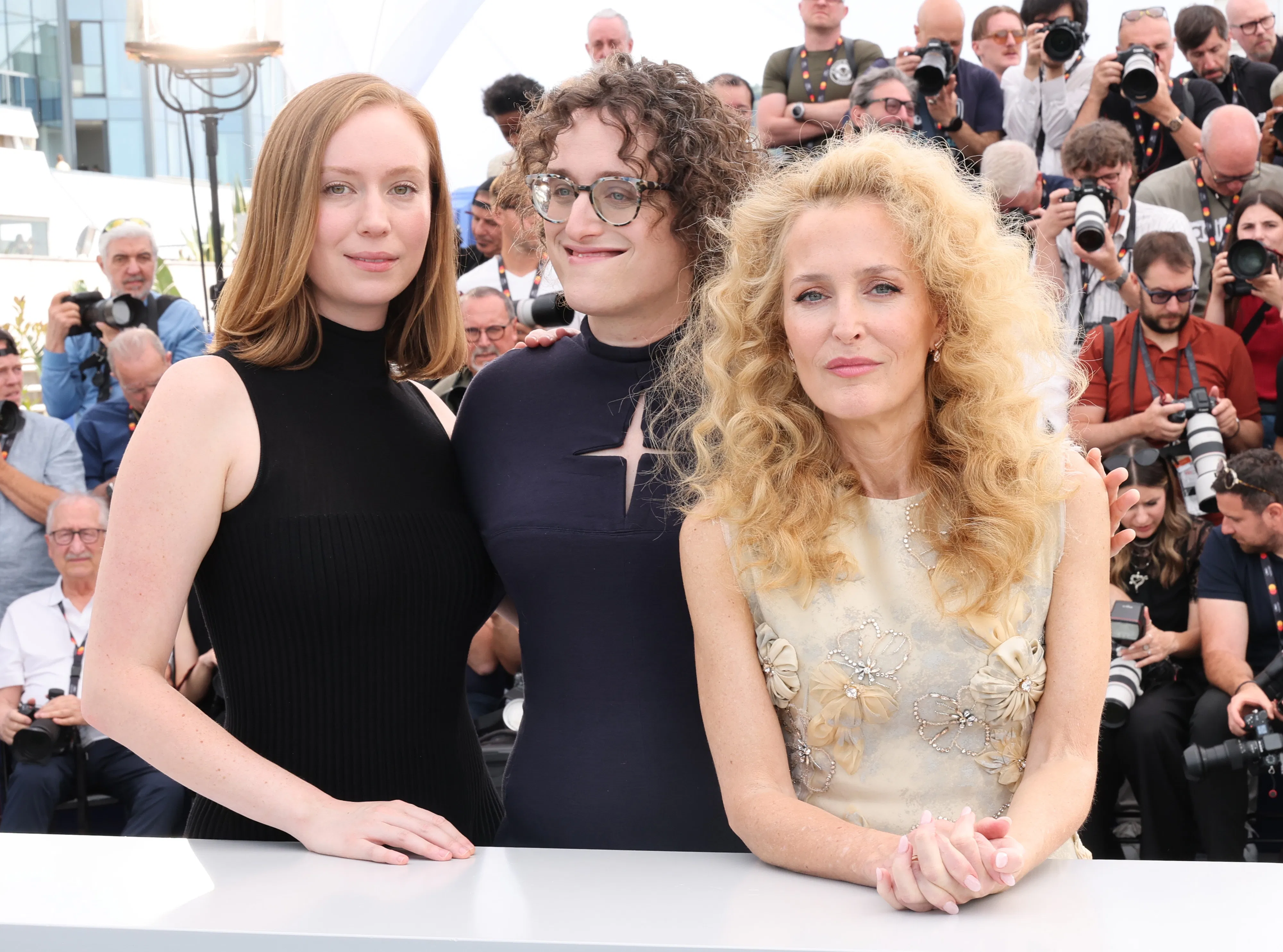 Hannah Einbinder, Jane Schoenbrun, and Gillian Anderson at the Cannes premiere of 'Teenage Sex and D...
