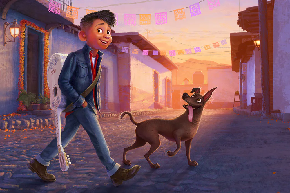 First look artwork of Miguel in Coco 2 walking down a colorful street with his dog, Dante.