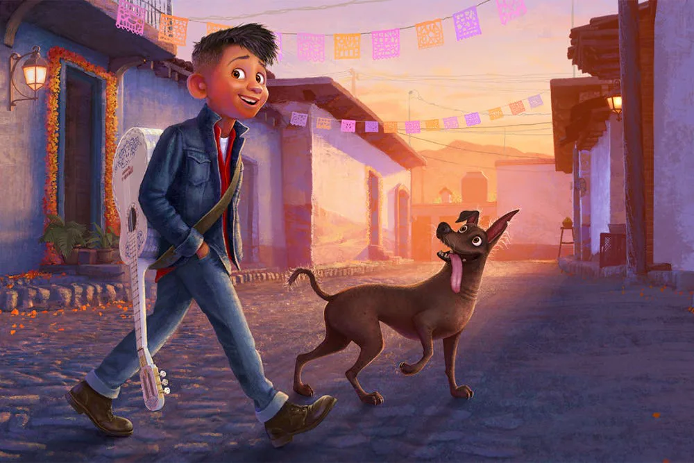 First look artwork of Miguel in Coco 2 walking down a colorful street with his dog, Dante.