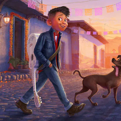 First look artwork of Miguel in Coco 2 walking down a colorful street with his dog, Dante.