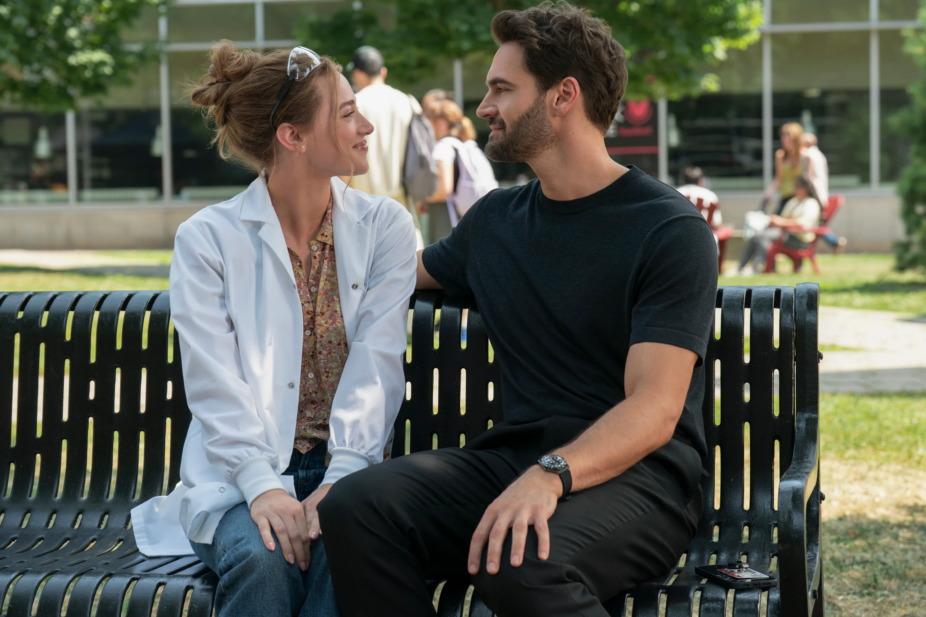 Lili Reinhart and Tom Bateman in The Love Hypothesis. Photo via Prime Video