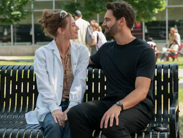 Lili Reinhart and Tom Bateman in The Love Hypothesis. Photo via Prime Video