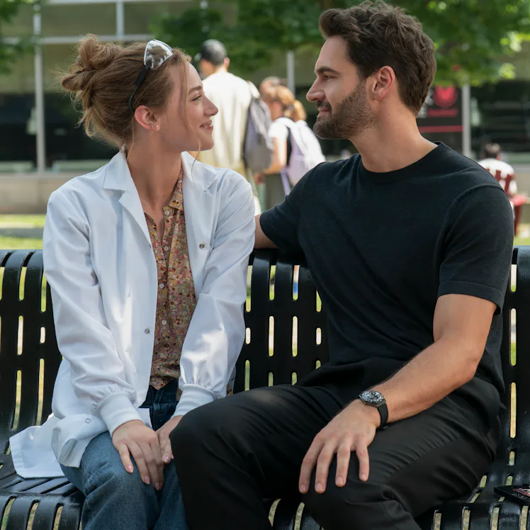 Lili Reinhart and Tom Bateman in The Love Hypothesis. Photo via Prime Video