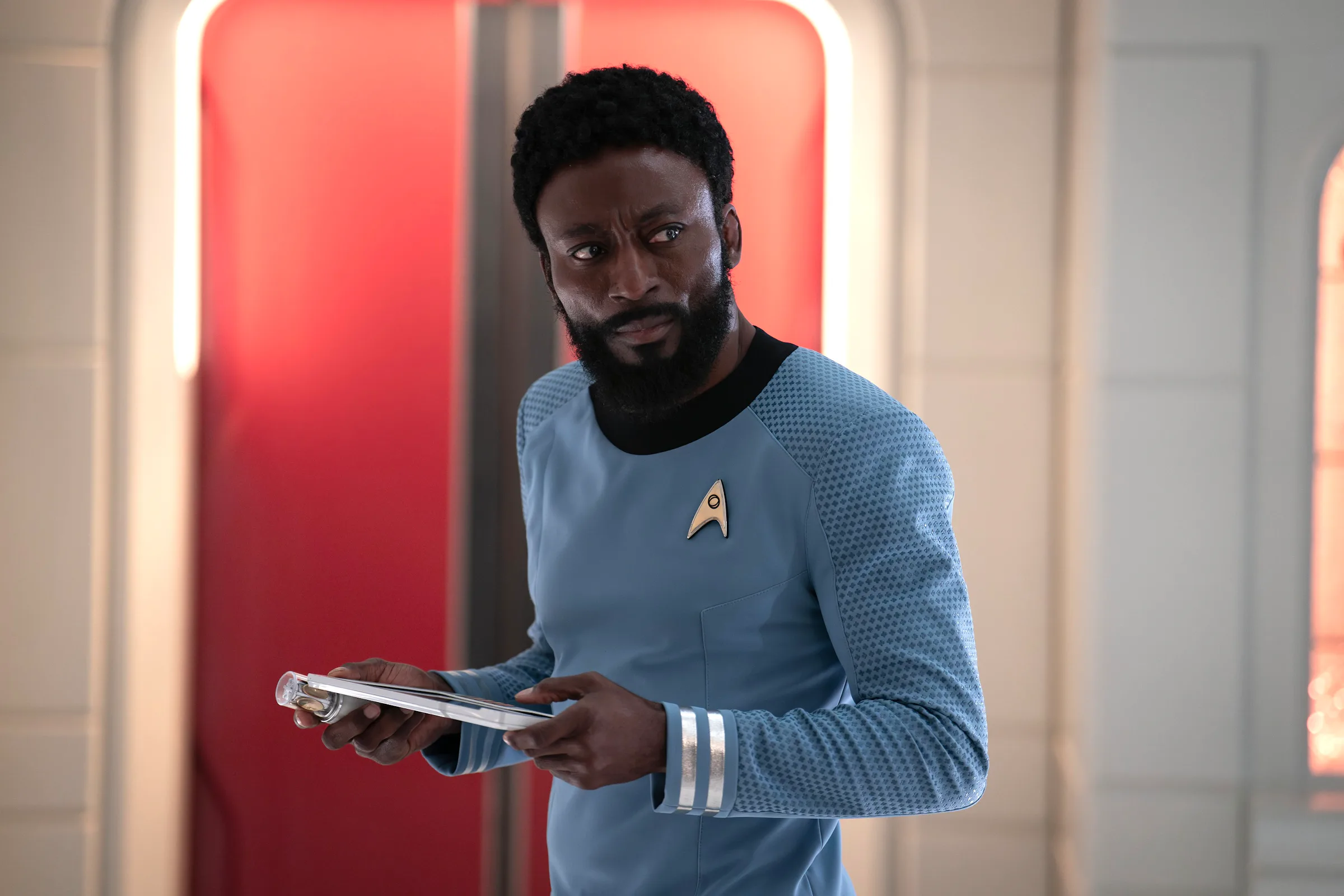 Babs Olusanmokun as Dr M’Benga contemplating his M’Benga Exit in Star Trek Strange New Worlds