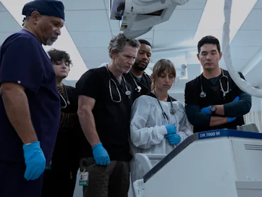 Geoffrey Owens, Cheyenne Perez, Shawn Hatosy, Luke Tennie, Sofia Hasmik, and Ken Kirby on The Pitt. ...