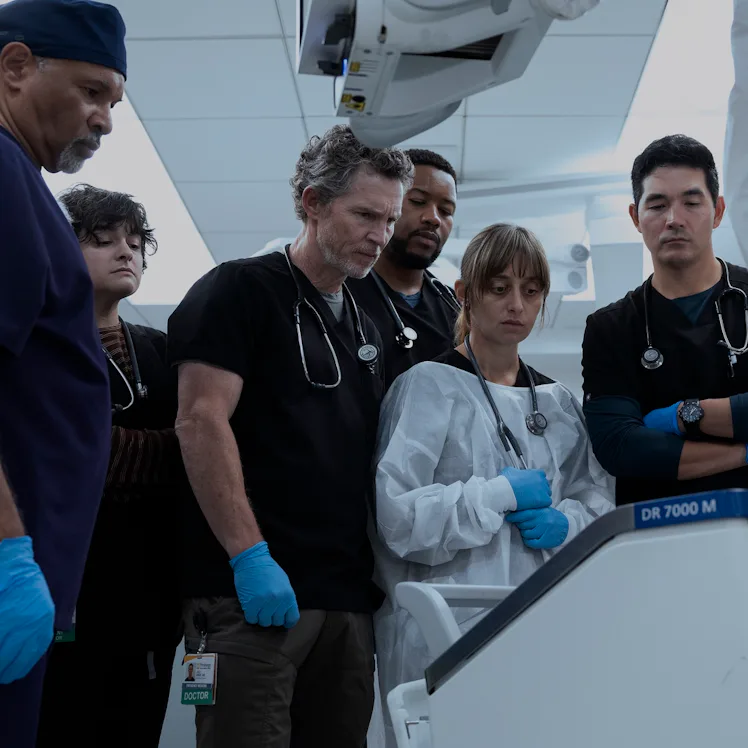 Geoffrey Owens, Cheyenne Perez, Shawn Hatosy, Luke Tennie, Sofia Hasmik, and Ken Kirby on The Pitt. ...