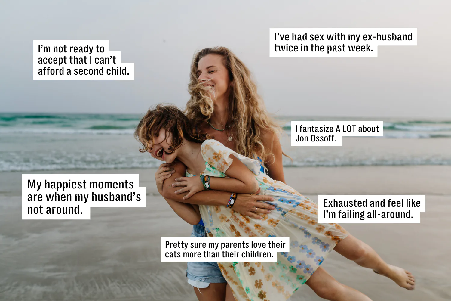 Smiling woman lifts a laughing child on a beach at sunset; white caption boxes around them contain v...