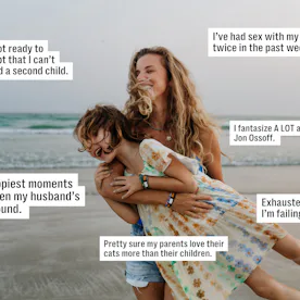 Smiling woman lifts a laughing child on a beach at sunset; white caption boxes around them contain v...