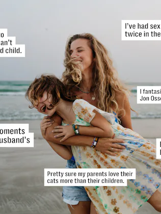 Smiling woman lifts a laughing child on a beach at sunset; white caption boxes around them contain v...