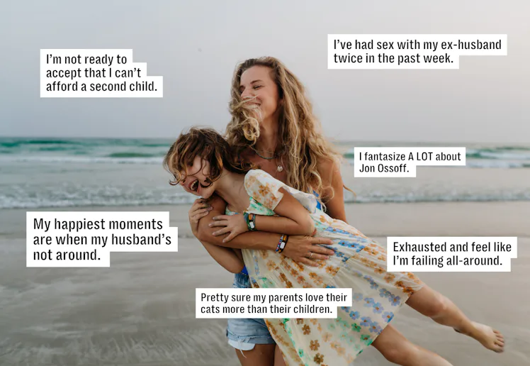 Smiling woman lifts a laughing child on a beach at sunset; white caption boxes around them contain v...