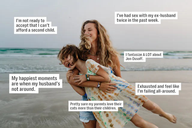 Woman laughing and holding a child on a beach at sunset, overlaid with text confession boxes express...