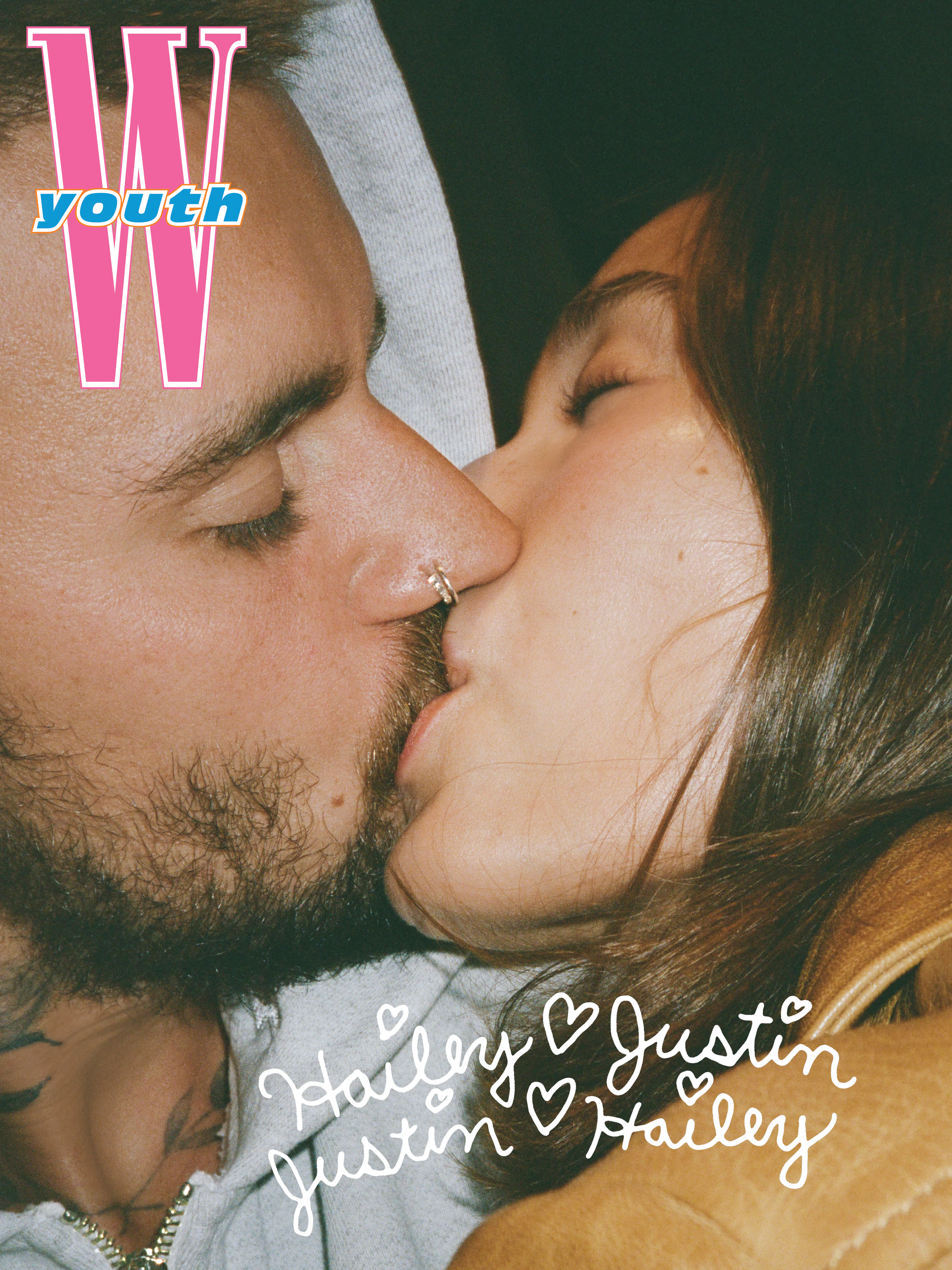 Justin and Hailey Bieber kiss on the cover of WYouth
