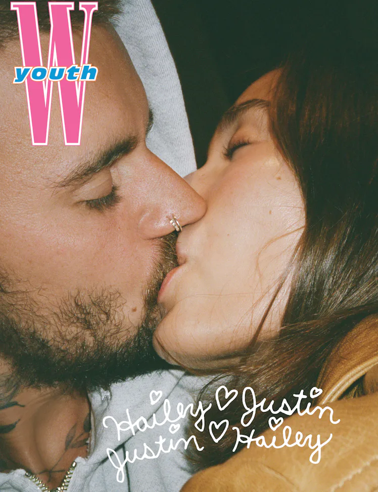Justin and Hailey Bieber kiss on the cover of WYouth