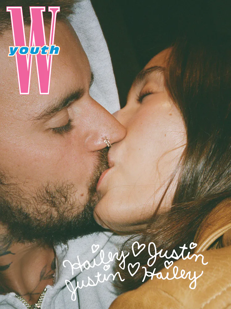 Justin and Hailey Bieber kiss on the cover of WYouth