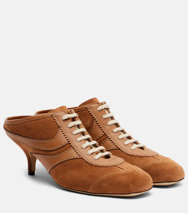 65 Leather-Trimmed Suede Mules
