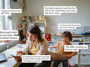 A woman tries to work at her desk while her kid pulls on her shirt.