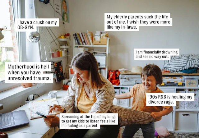 A woman tries to work at her desk while her kid pulls on her shirt.