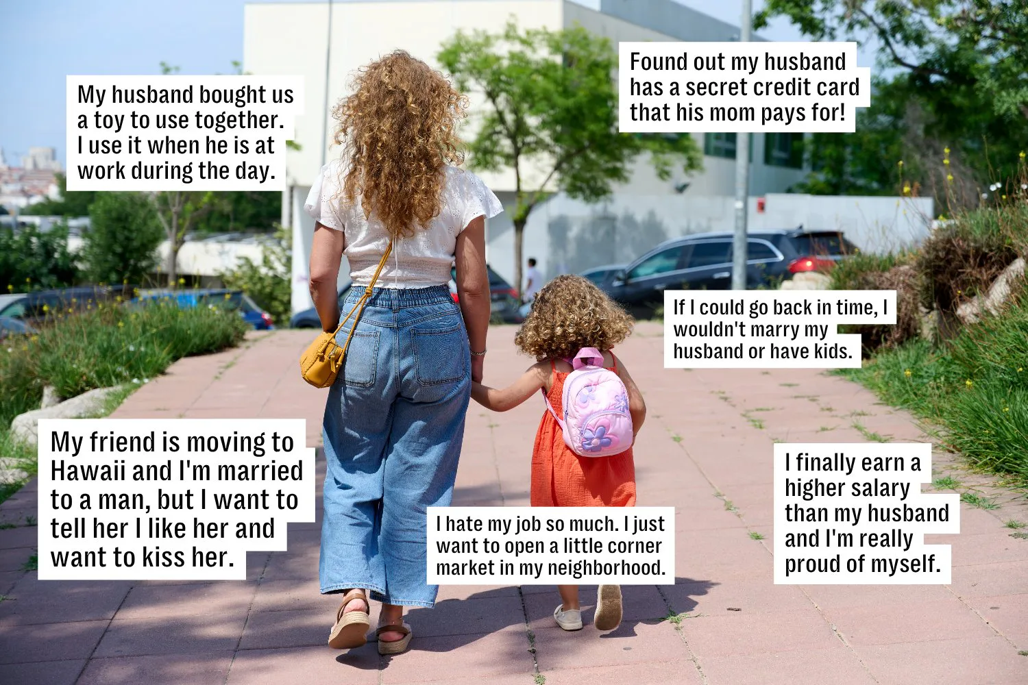 Woman and young girl walking hand in hand down a sunlit sidewalk, seen from behind; text boxes aroun...