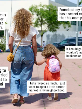 Woman and young girl walking hand in hand down a sunlit sidewalk, seen from behind; text boxes aroun...