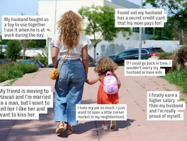 Woman and young girl walking hand in hand down a sunlit sidewalk, seen from behind; text boxes aroun...