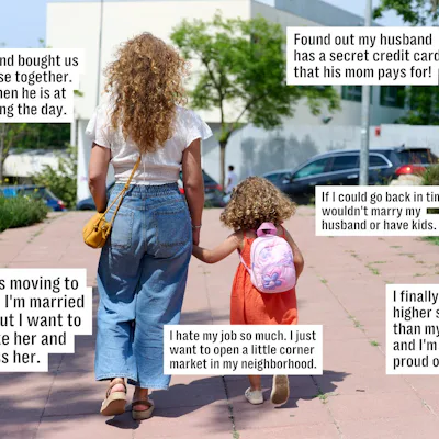Woman and young girl walking hand in hand down a sunlit sidewalk, seen from behind; text boxes around them list various personal confessions.