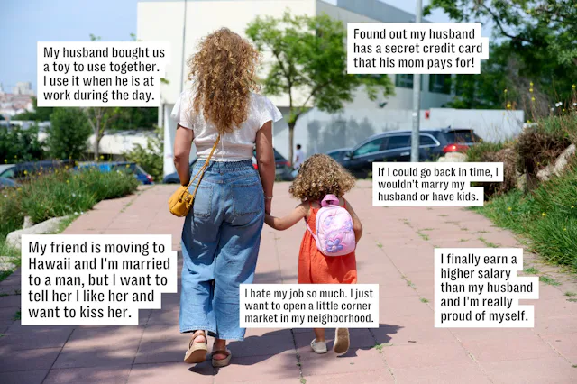 Woman and young girl walking hand in hand down a sunlit sidewalk, seen from behind; text boxes aroun...