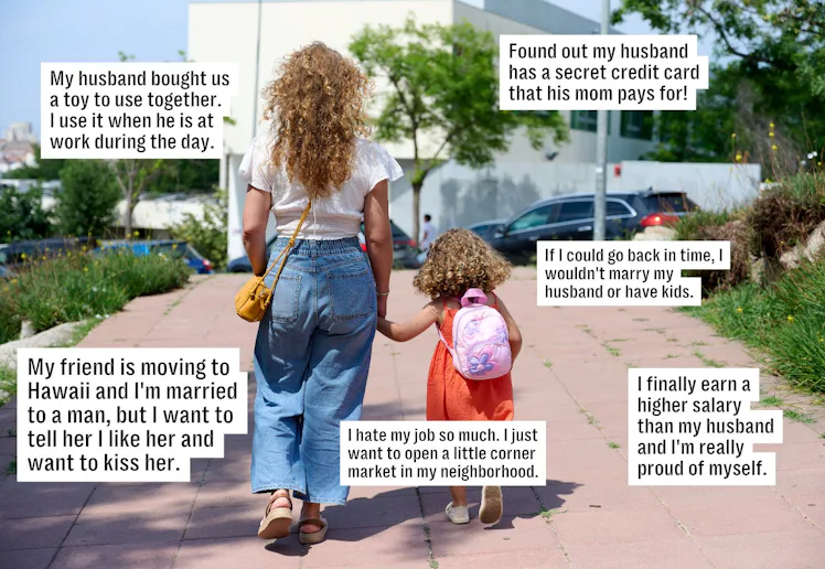 Woman and young girl walking hand in hand down a sunlit sidewalk, seen from behind; text boxes aroun...