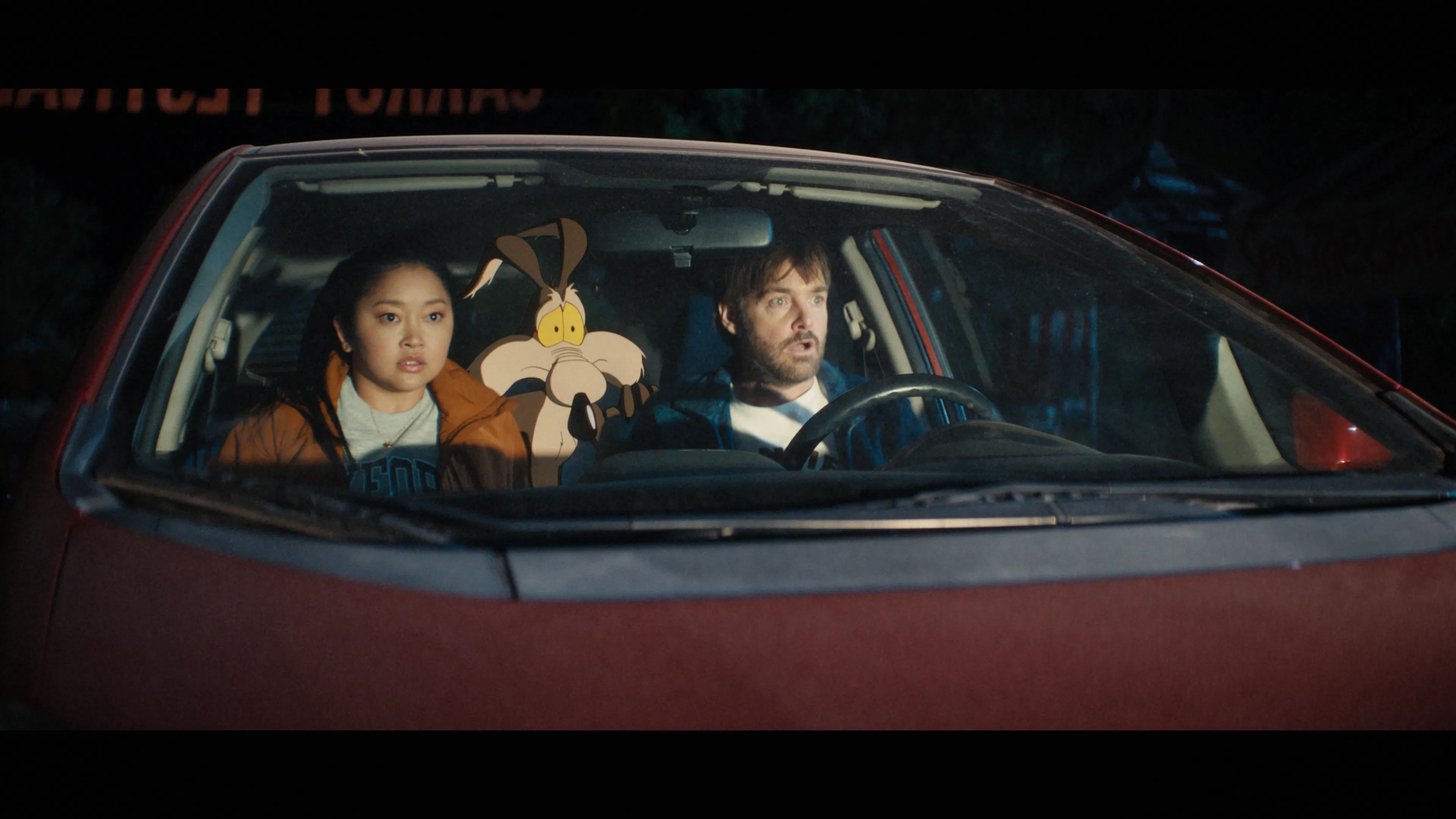 Lana Condor and Will Forte in the live-action-animation movie 'Coyote vs. Acme.'
