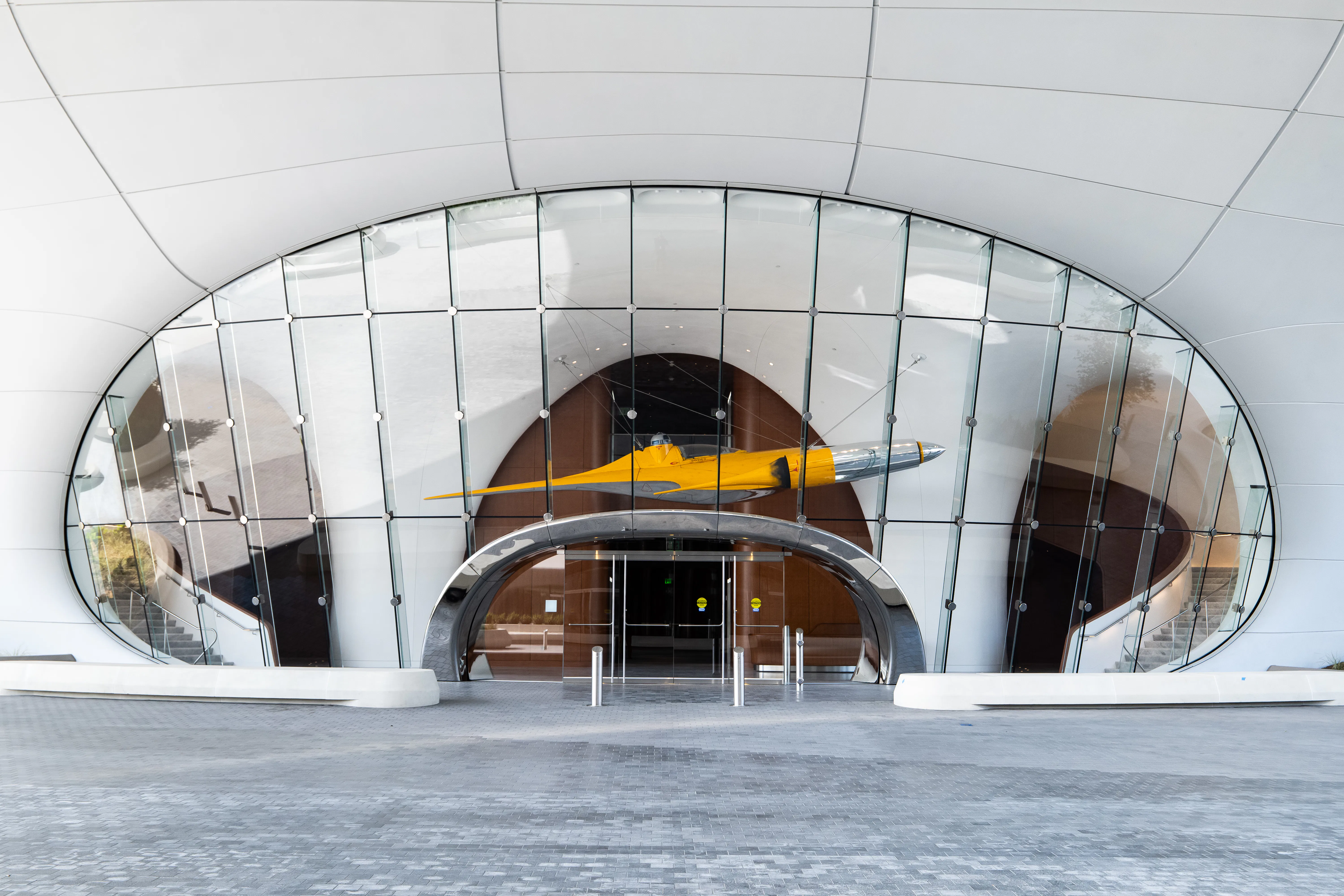 A Naboo starfighter hangs in the lobby of the Lucas Museum
