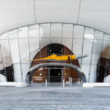 A Naboo starfighter hangs in the lobby of the Lucas Museum