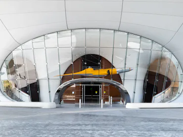 A Naboo starfighter hangs in the lobby of the Lucas Museum