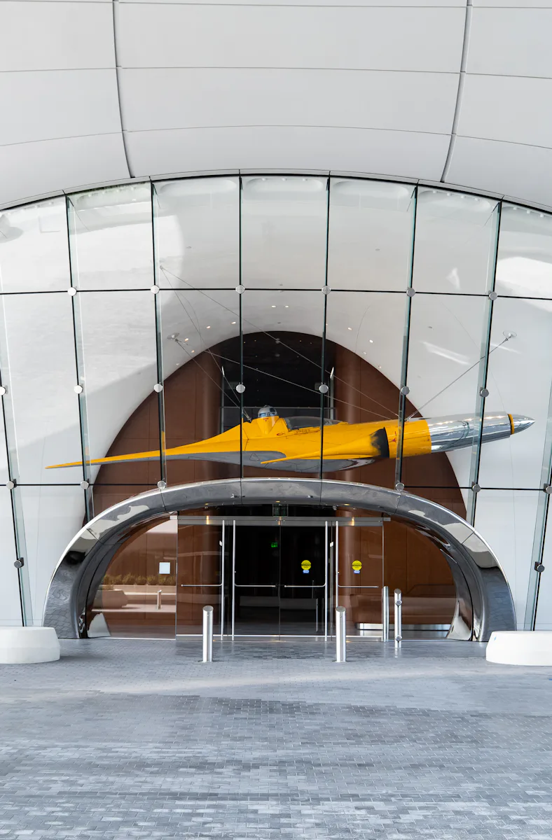 A Naboo starfighter hangs in the lobby of the Lucas Museum