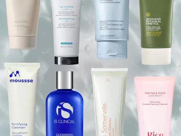 a collage of face washes and cleansers