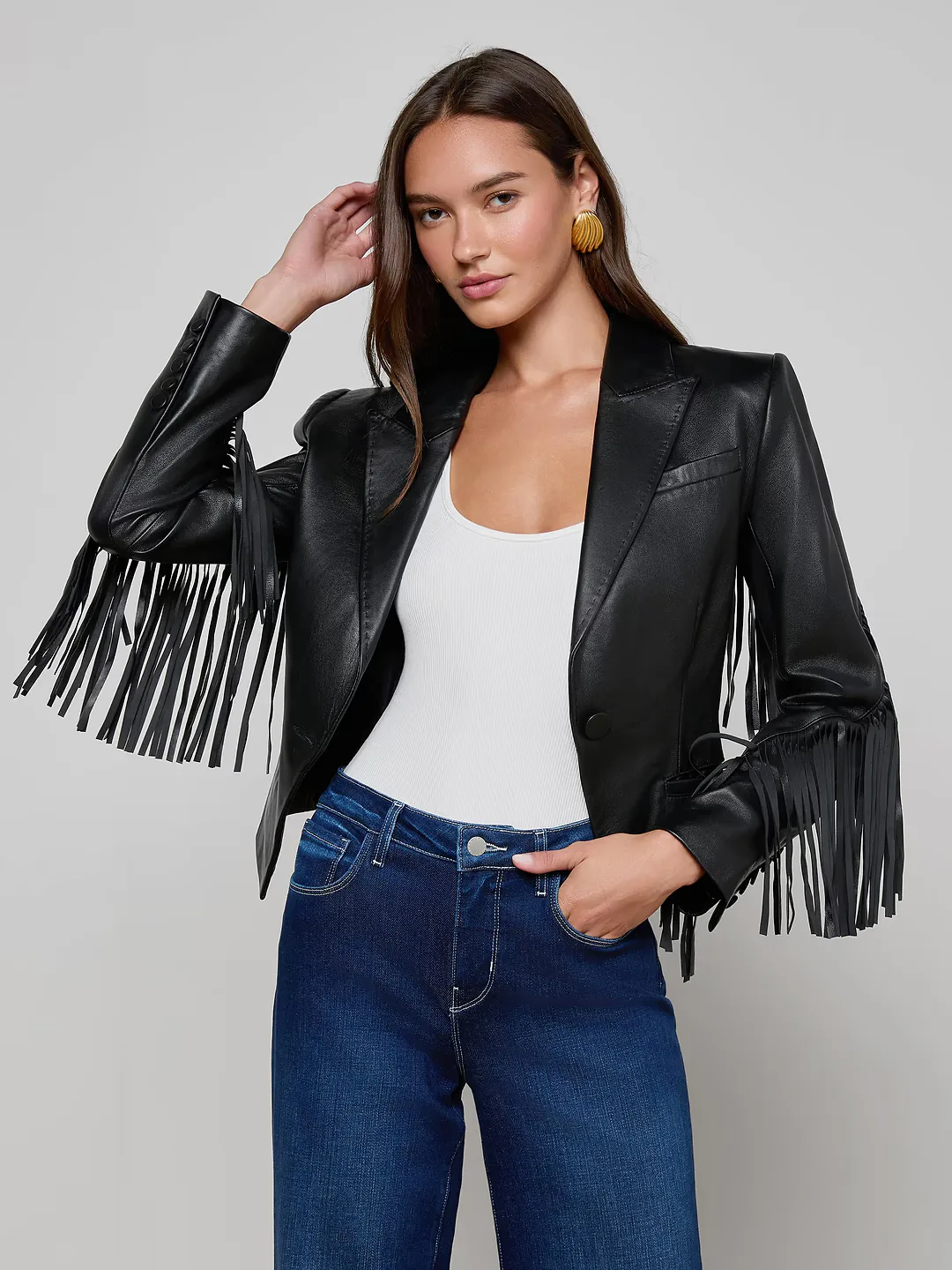 L'Agence Vashti Fringed Leather Blazer