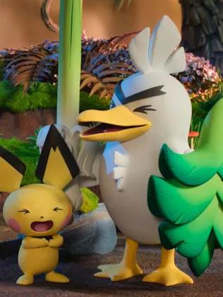 sirfetch'd and pichu laugh together in a forest setting in a still from the forthcoming show pokemon...