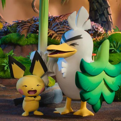 sirfetch'd and pichu laugh together in a forest setting in a still from the forthcoming show pokemon tales: the misadventures of sirfetch'd and pichu