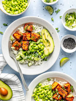 Gochujang Salmon Bowls in a story about healthy bowl dinner recipes.