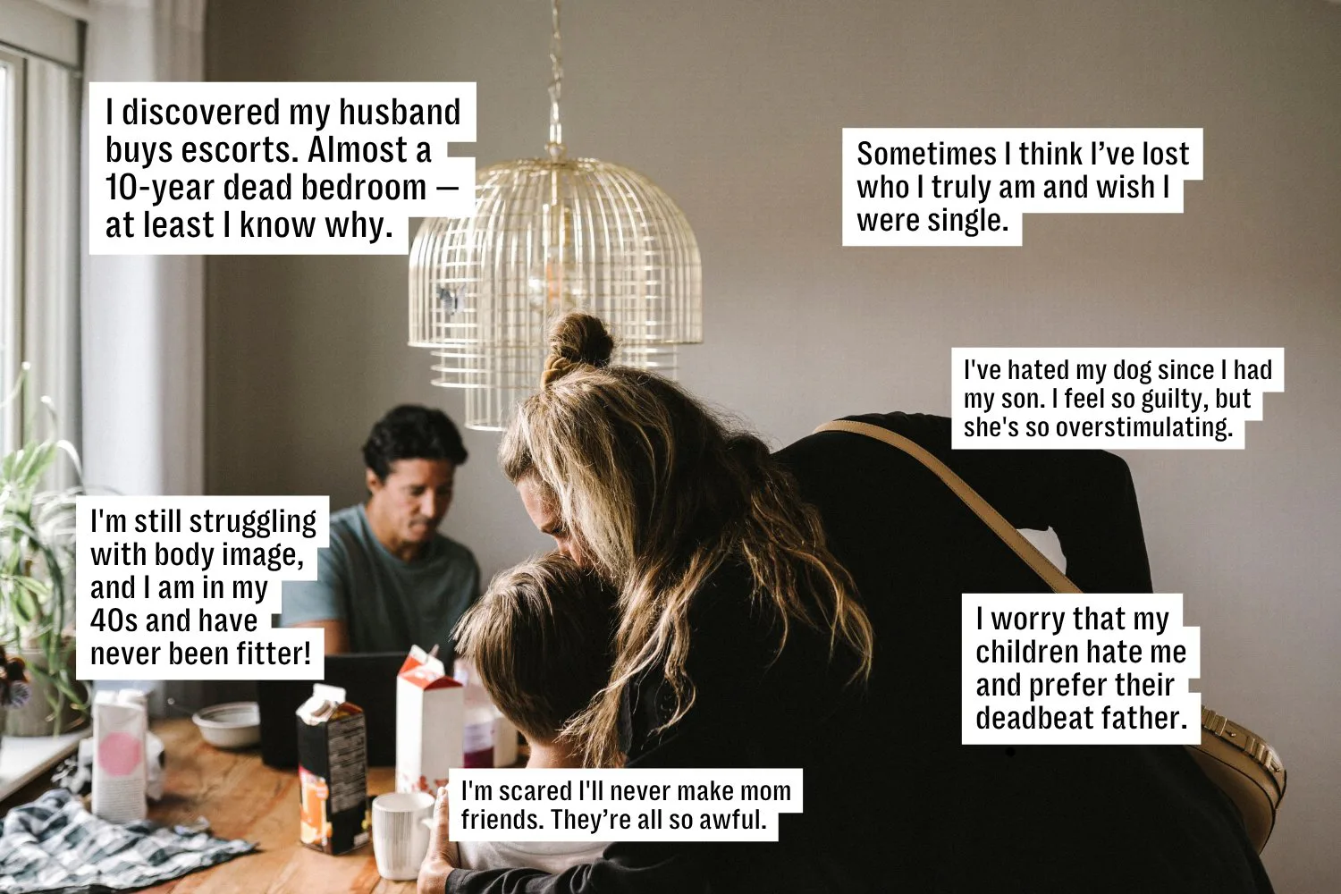 Three adults seated around a cluttered dining table in a dim kitchen, heads bowed; speech-bubble sty...
