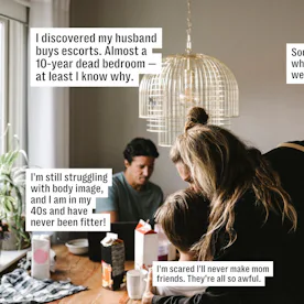 Three adults seated around a cluttered dining table in a dim kitchen, heads bowed; speech-bubble sty...