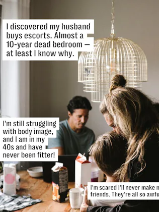 Three adults seated around a cluttered dining table in a dim kitchen, heads bowed; speech-bubble sty...