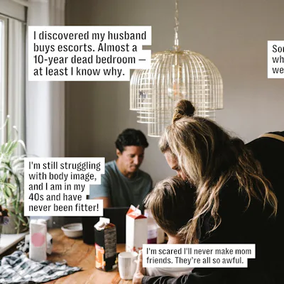 Three adults seated around a cluttered dining table in a dim kitchen, heads bowed; speech-bubble style text boxes with personal confessions surround them.
