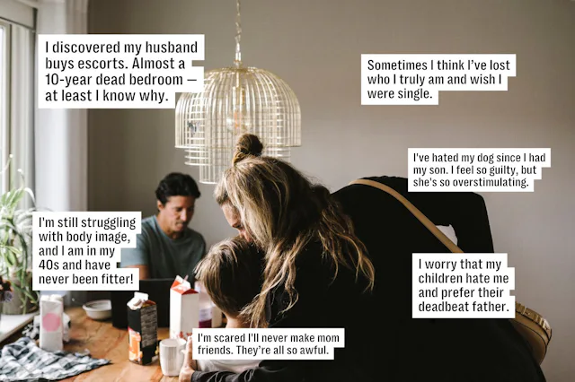 Three adults seated around a cluttered dining table in a dim kitchen, heads bowed; speech-bubble sty...