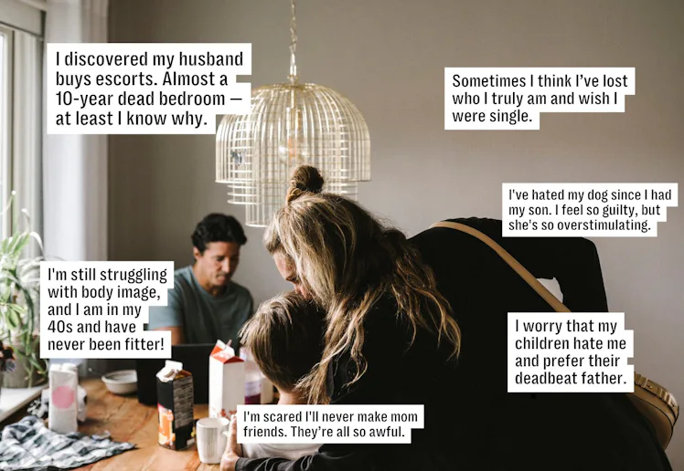 Three adults seated around a cluttered dining table in a dim kitchen, heads bowed; speech-bubble sty...