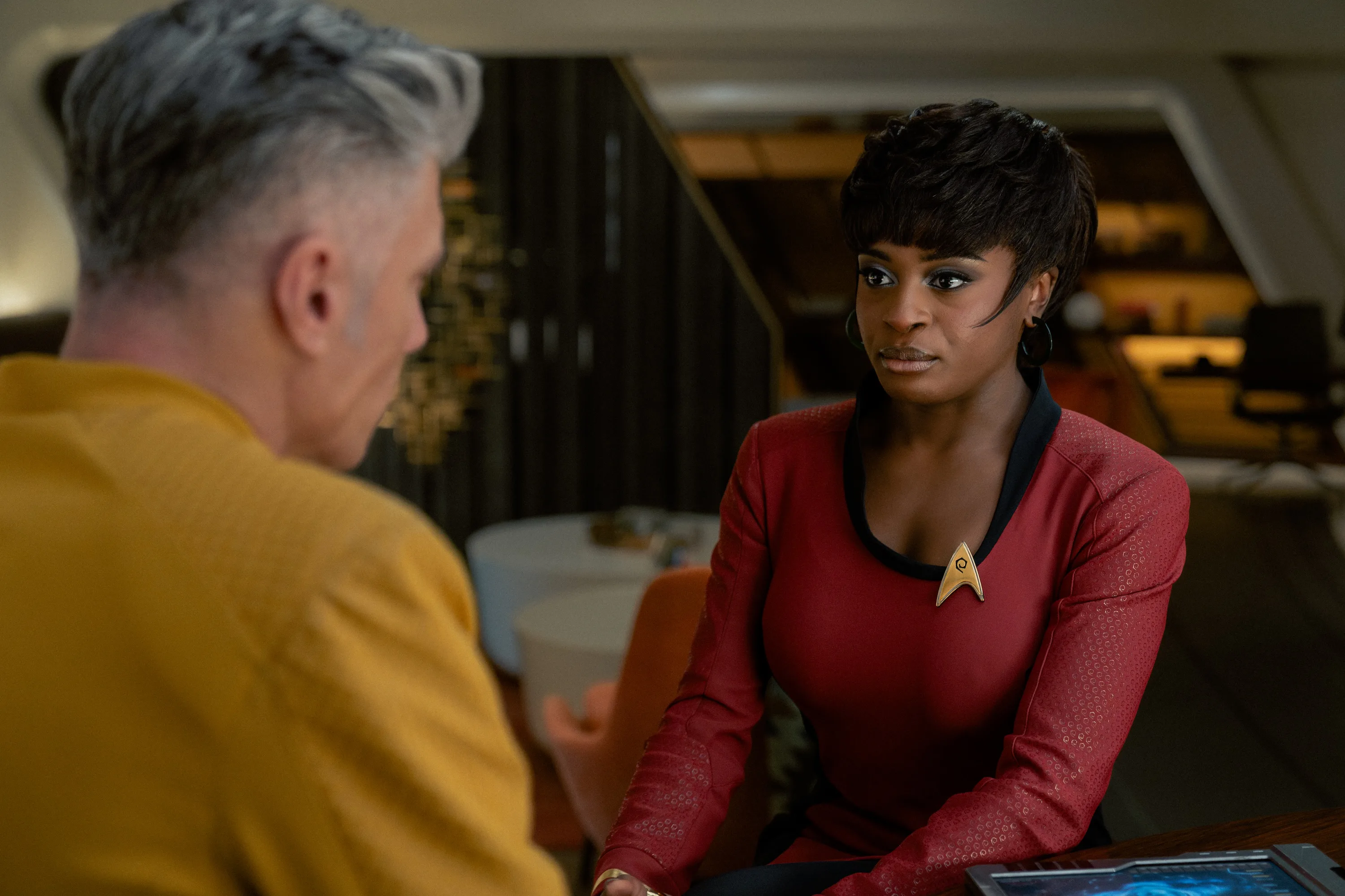 (L-R): Anson Mount as Captain Pike and Celia Rose Gooding as Uhura in Star Trek: Strange New Worlds,...