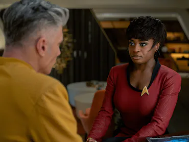 (L-R): Anson Mount as Captain Pike and Celia Rose Gooding as Uhura in Star Trek: Strange New Worlds,...