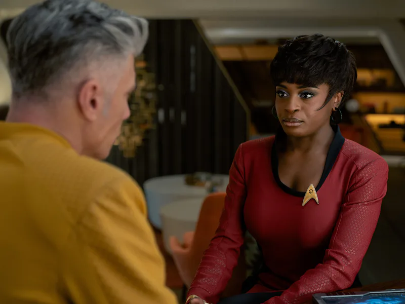 (L-R): Anson Mount as Captain Pike and Celia Rose Gooding as Uhura in Star Trek: Strange New Worlds,...