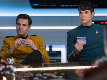 Kirk (Paul Wesley) and Spock (Ethan Peck) in 'Strange New Worlds' Season 4.