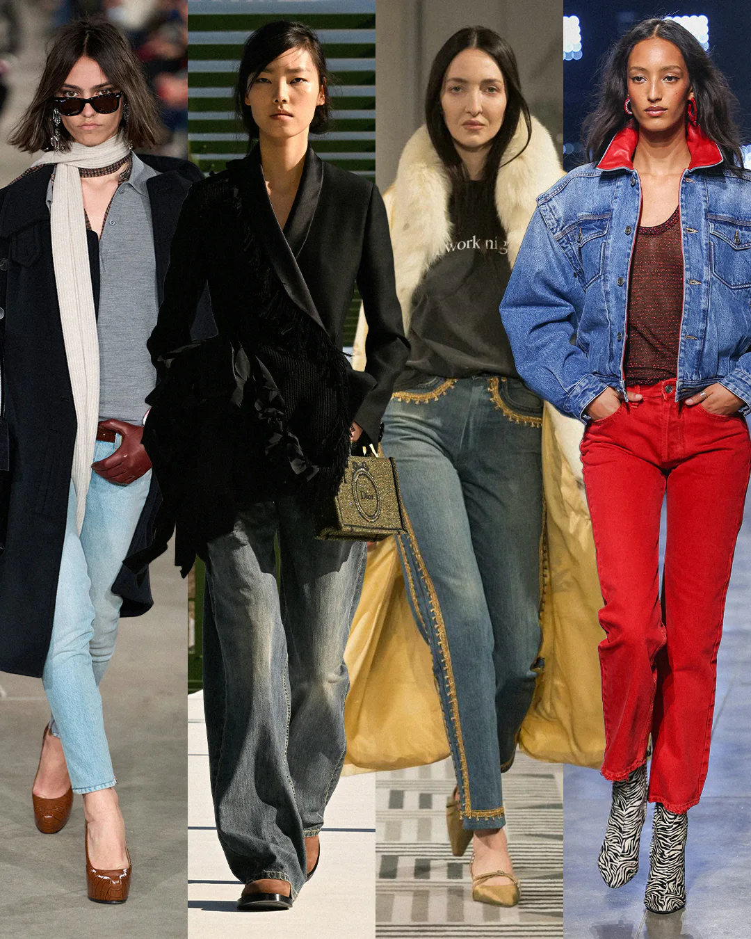 From left: Looks from 7 For All Mankind, Dior, Conner Ives, Isabel Marant