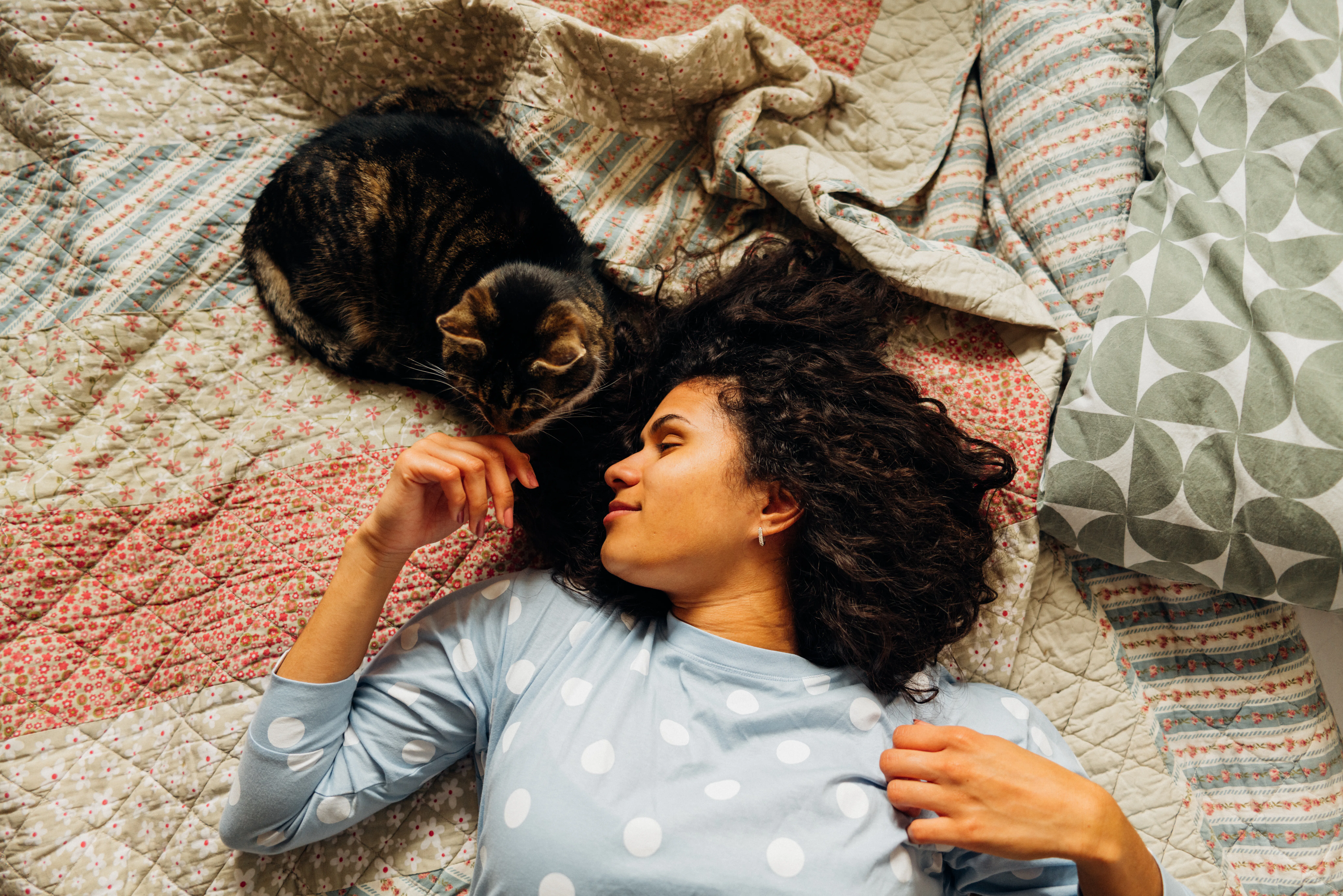 Woman with curly hair lying on a quilted bed, reaching toward a tabby cat curled beside her, both fa...
