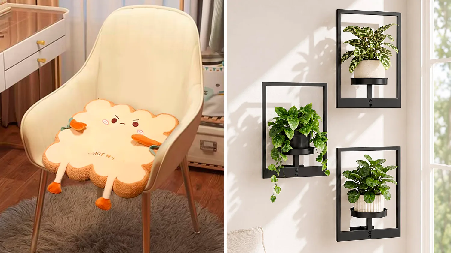 Colorful and unique kooky home items arranged on a modern shelf